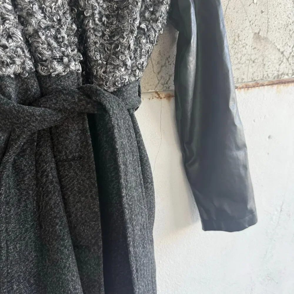Vtg 90s Belted Coat‎ Long Faux Leather Sleeves Boucle Knit Jacket Womens M USA - Picture 3 of 11